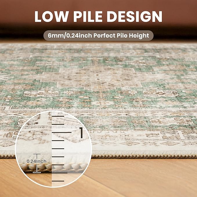zesthome 6x9 Area Rug, Super Soft Washable Rugs for Living Room, Non-Slip Stain Resistant Vintage Rugs, Ultra-Thin Large Area Rugs (Green/Brown,6'x9')