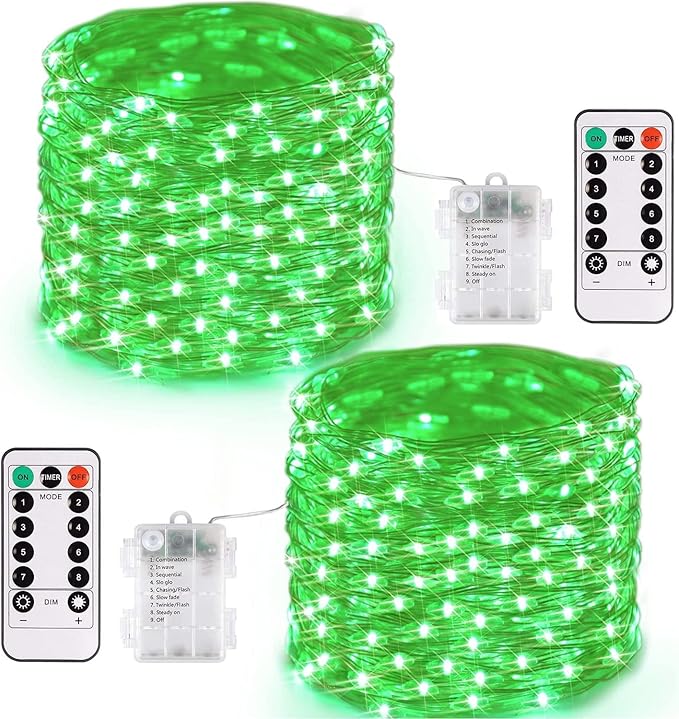 JMEXSUSS 2 Pack Green Fairy Lights Battery Operated, Total 400 LED 132ft Twinkle String Lights with Remote, 8 Modes Halloween Lights for Tree Fireplace Bedroom Indoor Outdoor Xmas Halloween Decor
