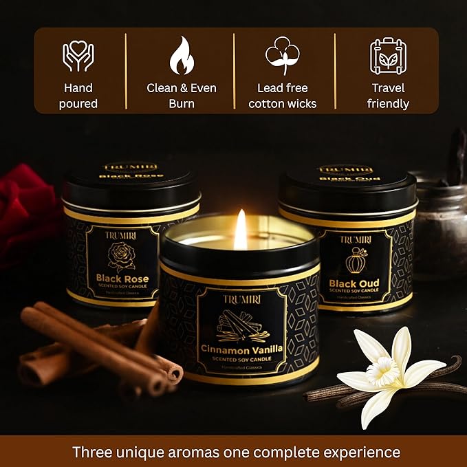 Candle Gift Set of 3 Black Oud|Cinnamon Vanilla|Black Rose Strong Scented Soy Candels Clean Non Toxic Velas Aromáticas Favors for Women Coworkers Friends Guests Also for Diwali Christmas Holidays