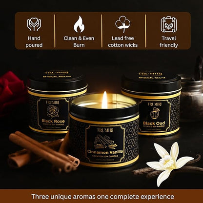 Candle Gift Set of 3 Black Oud|Cinnamon Vanilla|Black Rose Strong Scented Soy Candels Clean Non Toxic Velas Aromáticas Favors for Women Coworkers Friends Guests Also for Diwali Christmas Holidays
