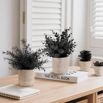 ALAGIRLS 4 Packs Fake Plants Small Artificial Plants Indoor Black Eucalyptus Rosemary Succulents Plants Potted Faux Plants for Home Indoor Office Bathroom Living Room Decor