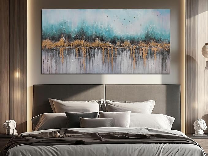 Ardemy Abstract Canvas Wall Art Teal and Gold Paintings Wall Decor Bedroom Large Pictures Textured Artwork for Walls Home Office Living Room 48"x24"