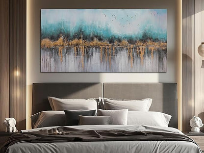Ardemy Abstract Canvas Wall Art Teal and Gold Paintings Wall Decor Bedroom Large Pictures Textured Artwork for Walls Home Office Living Room 48"x24"
