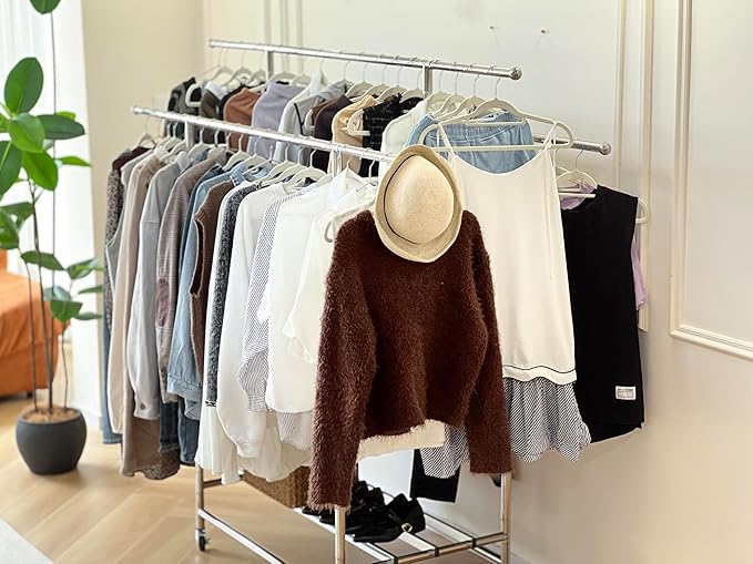 Stainless Steel Clothes Rack, 3-Rod Garment Rack for Hanging Clothes with 4 Wheels Load 600 LBS