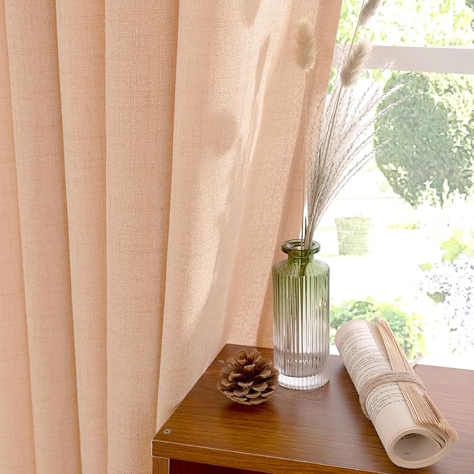 YoungsTex Peach Linen Curtains 90 Inch Length for Living Room, Bronze Grommet Textured Window Drapes Privacy Light Filtering for Bedroom Decorative, 52 x 90 Inch, 2 Panels