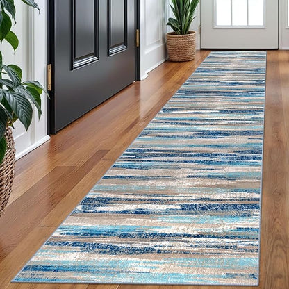 Modern Abstract Runner Rug 2x10, Blue Washable Long Kitchen Non-Slip Soft Hallway Thin Print Faux Wool Carpet for Entryway Bedroom Laundry Room Indoor Home Decor