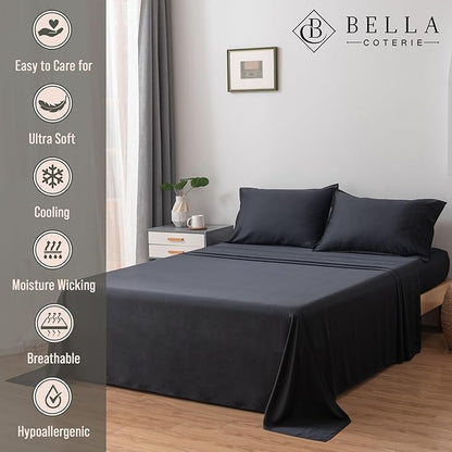 Bella Coterie Luxury Bamboo Viscose Queen Size Sheet Set | 100% Organically Grown | Ultra Soft | Cooling for Hot Sleepers | 18" Deep Pocket [Black]