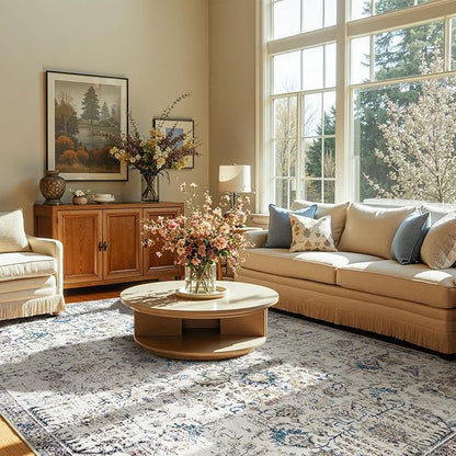 jinchan Area Rug 9x12 Washable Living Room Rug Vintage Indoor Large Floor Cover Retro Accent Mat Distressed Floral Country Boho Non Slip Thin Carpet for Bedroom Kitchen Dining Room Office Blue Multi