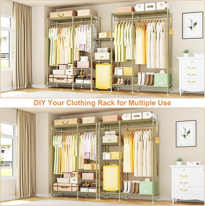 Ulif F4 Heavy Duty Clothes Rack (With Hanger Rod) Freestanding Clothing Racks for Hanging Clothes，Adjustable Closet Organizer System, Portable Garment Rack 45"W x 15.8"D x 71.3"H,Max Load 600LBS, Gold