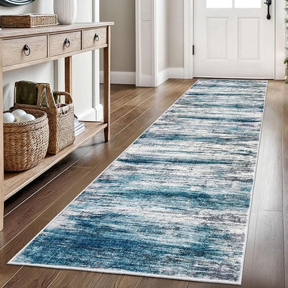 KOZYFLY Modern Abstract Hallway Runner Rug, 2.6x8 Washable Rug Runner Non-Slip Soft Striped Kitchen Runner Rugs, Print Light Blue Carpet Runner for Entryway Bathroom Laundry Room Foyer