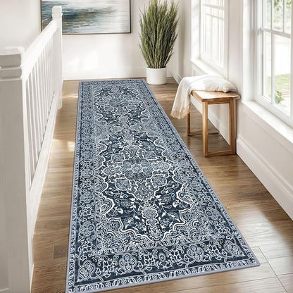 KUTA Washable Kitchen Runner 3x8, Non Skid Washable 8 ft Navy Blue Runners, Printed Vintage Distressed Floral Area Rugs Ultra Soft Carpet for Bedroom Living Room