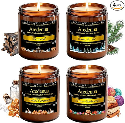 Winter Candles Set | 4 Pack Holiday Scented Candles - Cozy Winter Soy Candle Scents of Warm Cashmere/Firewood/Cedar & Fir/Salted Caramel - Christmas Candle Gifts for Women Men, Holiday Home Décor