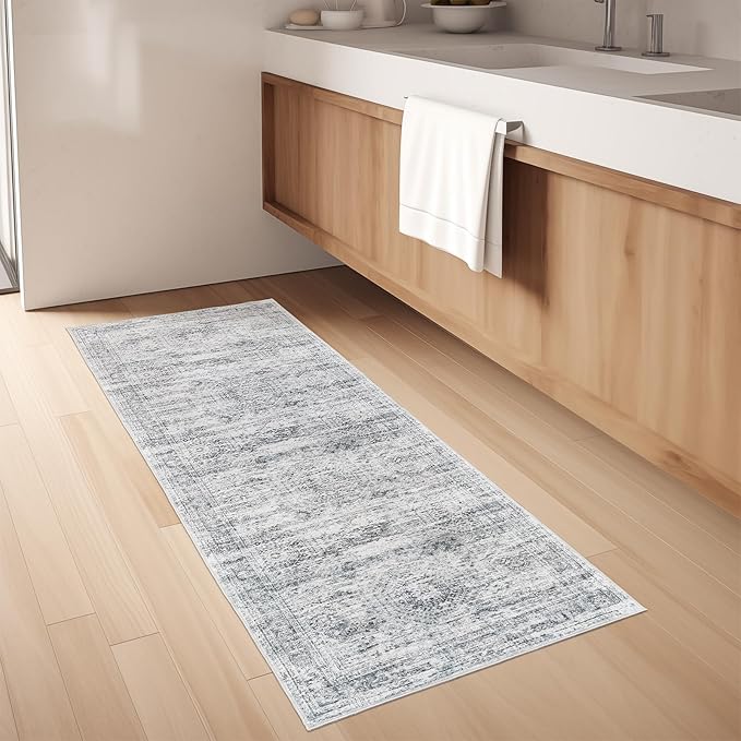 Washable Runner Rugs for Bedroom - 2x6 Runner Rug Non Slip, Ultra-Thin Entryway Runner, Soft Abstract Kitchen Runner for Hallway, Laundry, Bathroom, Indoor Door Mat(2'x6', Grey/Ivory)