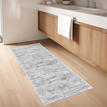 Washable Runner Rugs for Bedroom - 2x6 Runner Rug Non Slip, Ultra-Thin Entryway Runner, Soft Abstract Kitchen Runner for Hallway, Laundry, Bathroom, Indoor Door Mat(2'x6', Grey/Ivory)