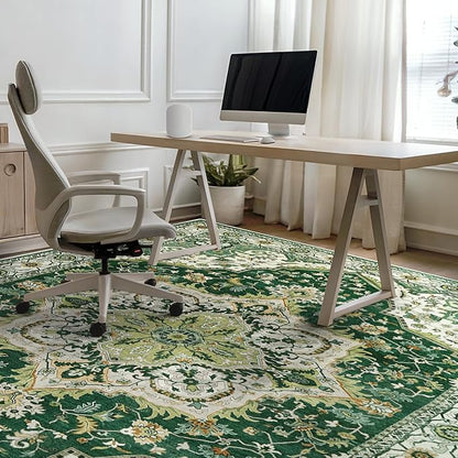 Area Rugs 5x7 - Machine Washable Vintage Oriental Soft Rug, Low Pile Thin Floor Carpet with Non Slip Backing for Living Room, Bedroom,Dorm, Kitchen, Indoor House, Office Rolling Chair