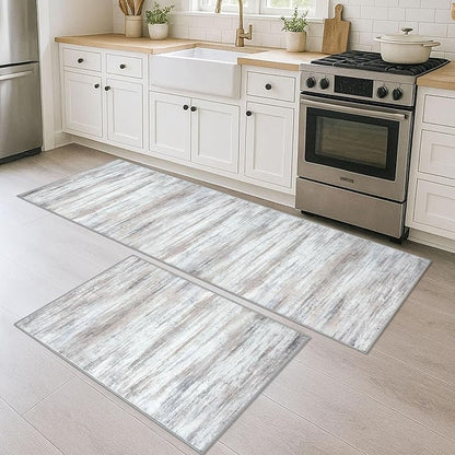 KOZYFLY Modern Abstract 2PCS 2x3 and 2x6 Rugs Beige Machine Washable Area Rug for Bedroom Non-Slip Living Room Rug, Faux Wool Soft Low Pile Office Carpet for Dining Room, Bedroom, Kitchen Bathroom