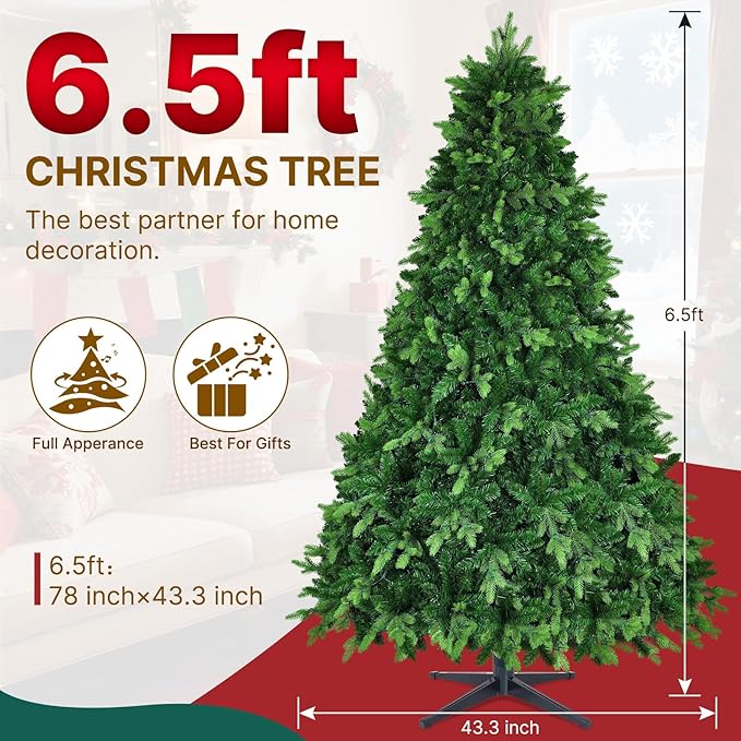 GGOYING 6.5FT Pre-Lit Flocked Christmas Tree with Rotating Stand & Remote, Green Dense Branches, Realistic Holiday Decorations, LED Lights (RGB + Warm White)