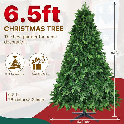 GGOYING 6.5FT Pre-Lit Flocked Christmas Tree with Rotating Stand & Remote, Green Dense Branches, Realistic Holiday Decorations, LED Lights (RGB + Warm White)