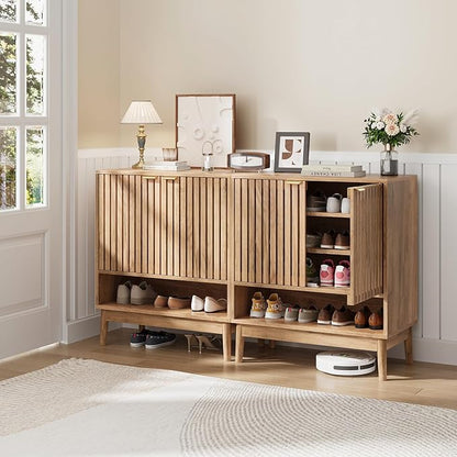 Shoe Storage Cabinet with Adjustable Shelves, Wooden Shoe Organizer, Shoes Rack for Entryway, Hallway, Living Room (Natural Wood, 27.56" W)