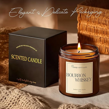 Bourbon Whiskey Scented Candle for Home, Natural Soy Wax Aromatherapy Non Toxic Candle Gifts for Women & Men, Handmade Highly Scented & Long Lasting Jar Candle for Stress Relief (9oz)