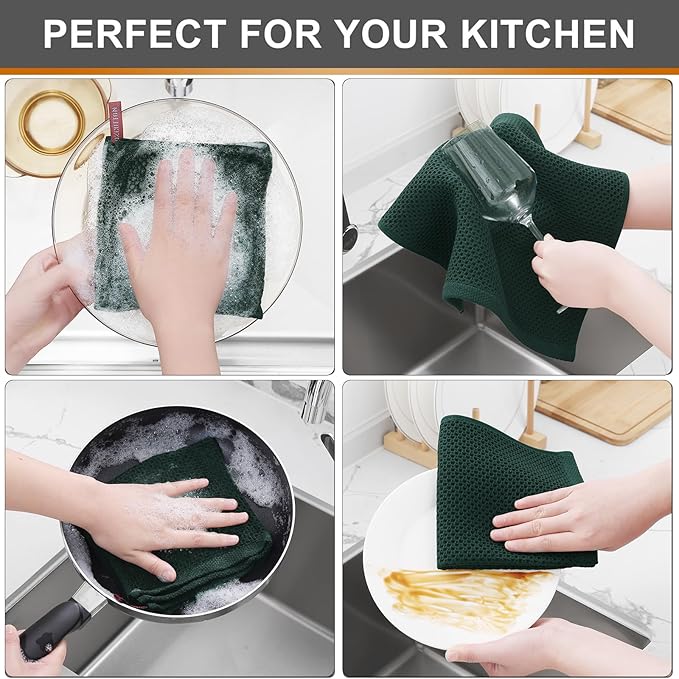 Kitinjoy 100% Cotton Kitchen Dish Cloths, 12 Pack Waffle Weave Ultra Soft Absorbent Dish Towels for Drying Dishes Quick Drying Kitchen Towels Dish Rags, 12 X 12 Inches, Blackish Green
