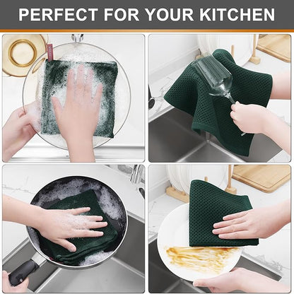 Kitinjoy 100% Cotton Kitchen Dish Cloths, 12 Pack Waffle Weave Ultra Soft Absorbent Dish Towels for Drying Dishes Quick Drying Kitchen Towels Dish Rags, 12 X 12 Inches, Blackish Green