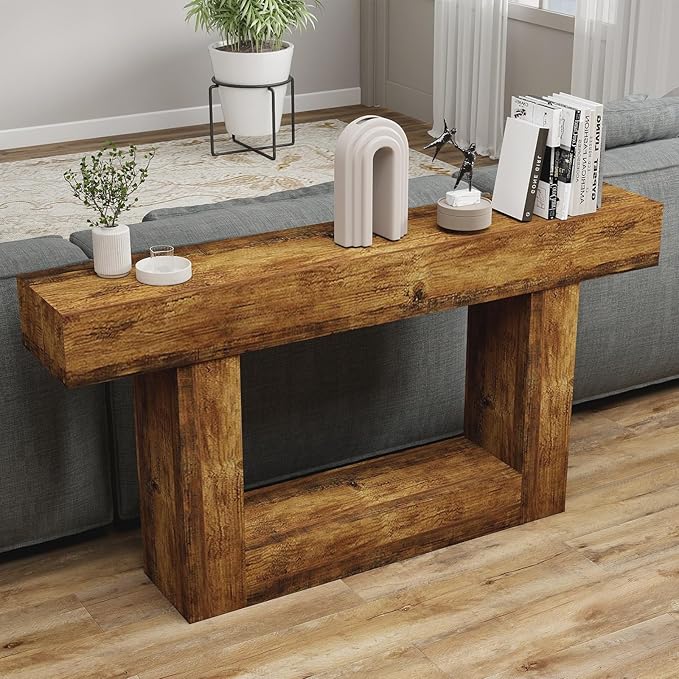 Vibe & Dine 63" Entryway Table, Farmhouse 2-Tier Console Table with U-Shaped Base, Narrow Long Wood Couch Table Behind Sofa for Living Room, Hallway, Foyer, Vintage Brown