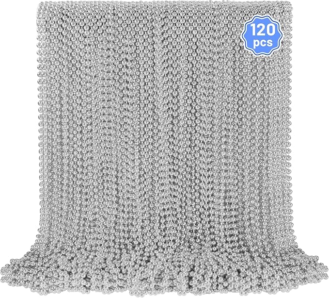 120 PCS Silver Bead Necklaces, Silver Mardi Gras Beads Christmas Necklace, Patriotic Necklaces, 33 Inch Beaded Necklace for Mardi Gras Christmas Party, 4th of July and New Year Eve Festive Events