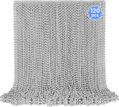 120 PCS Silver Bead Necklaces, Silver Mardi Gras Beads Christmas Necklace, Patriotic Necklaces, 33 Inch Beaded Necklace for Mardi Gras Christmas Party, 4th of July and New Year Eve Festive Events