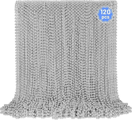 120 PCS Silver Bead Necklaces, Silver Mardi Gras Beads Christmas Necklace, Patriotic Necklaces, 33 Inch Beaded Necklace for Mardi Gras Christmas Party, 4th of July and New Year Eve Festive Events
