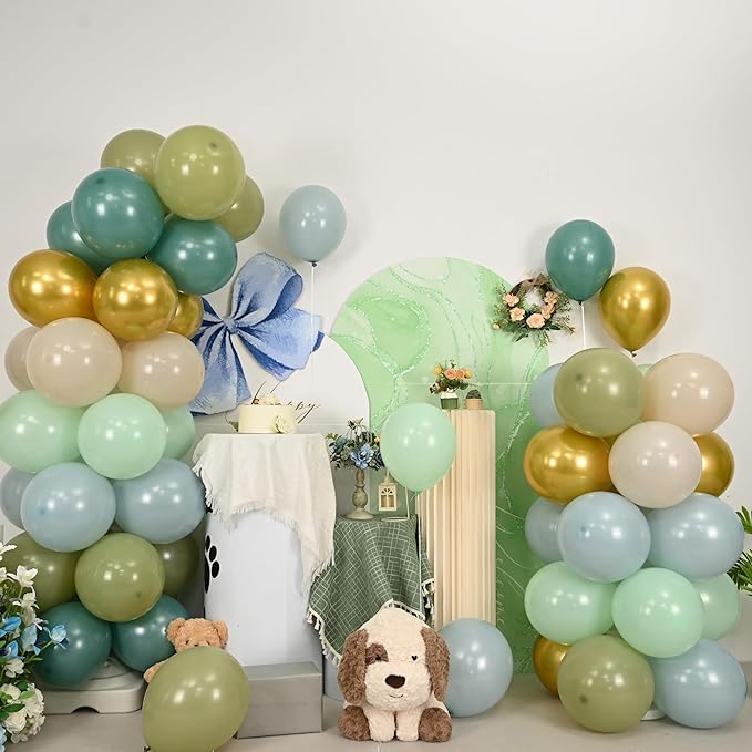 Sage Green and Blue Balloons, 60 PCS 12 Inch Dusty Green Blue Sand White Gold Balloons for Baby Shower Bridal Shower Wedding Boho Birthday Party Decorations