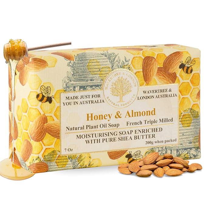 Wavertree & London Honey & Almond Scented Natural Soap Bar, 7oz Moisturizing French Triple Milled Soap Bar for Women & Men Enriched with Organic Shea Butter, Pure Bath & Body Soap (1 Bar)