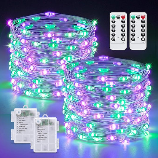 JMEXSUSS Halloween Lights Battery Operated, 2 Pack 100 LED 33ft Halloween Fairy Lights with Remote, 8 Modes Twinkle String Light for Fireplace Porch Tree Centerpiece Wreath Decor, Purple and Green