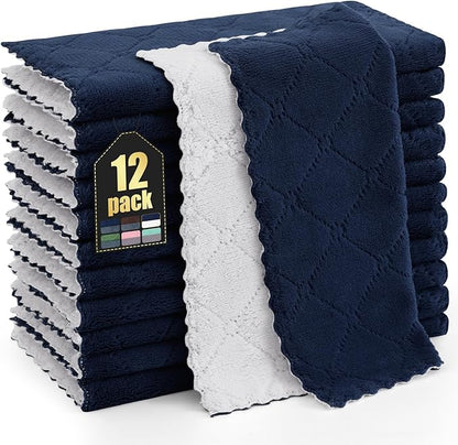 Homaxy 12 Pack Kitchen Cloths Dish Towels (10" x 10", Navy Blue & White), Super Soft and Absorbent Dish Cloths, Coral Velvet Microfiber Cleaning Cloth, Nonstick Oil Fast Dry Dishcloths