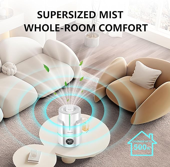 6L Humidifiers for Bedroom, 60H Runtime 26 dB Quiet Supersized Cool Mist Air Humidifiers for Large Room, Baby Nursery, Plant, Indoor, Night Light, Easy to Clean, Precise Humidity Control