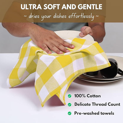 Native Fab Yellow Buffalo Dish Towel 16"x26", Set of 4 - Cotton Plaid Towels, Soft Absorbent Dishcloths with Hanging Loop, Kitchen Towels for Quick Drying - Yellow White