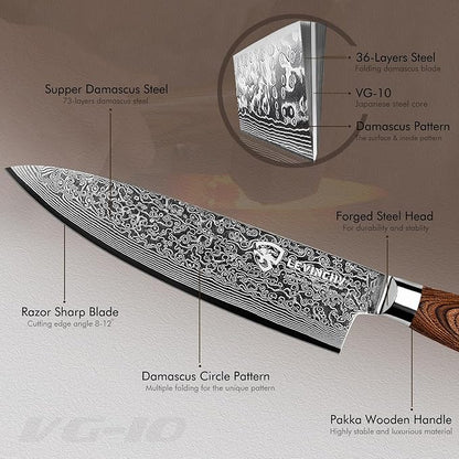 Damascus Chef's Knife 8 inch Professional Handmade Damascus Stainless Steel Kitchen Knife, Superb Edge Retention, Stain & Corrosion Resistant, Ergonomic PAKKA Wood Handle