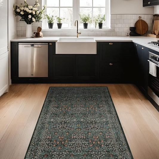 Dark Green Washable 3x6 Large Entryway Runner Rug Indoor, Non-Slip Floor Rugs for Kitchen, Bedroom, Bathroom Beside Bed, Stain & Fade Resistant, Vintage Floral Design
