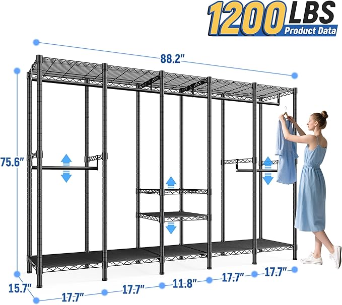 Raybee 88.2" W Clothes Rack Heavy Duty Clothing Racks for Hanging Clothes Portable Closet Loads 1200LBS Freestanding Garment Rack for Bedroom 88.2" W x 75.6" H x 15.7" D, Black