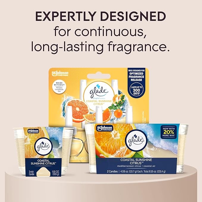 Glade 3-Wick Scented Candle Jar, Coastal Sunshine Citrus, Air Freshener Infused with Essential Oils, 6.8 Oz, 3 Count