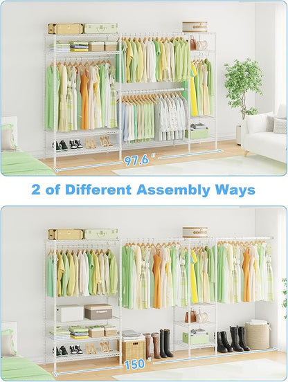Ulif E11 Heavy-Duty Garment Rack, Metal Freestanding Clothes Rack and Closet Storage Organizer with 8 Shelves and 4 Hanger Rods, (73.2 - 97.6)"W x 14.5"D x 71.2"H, Load 1034 LBS, White