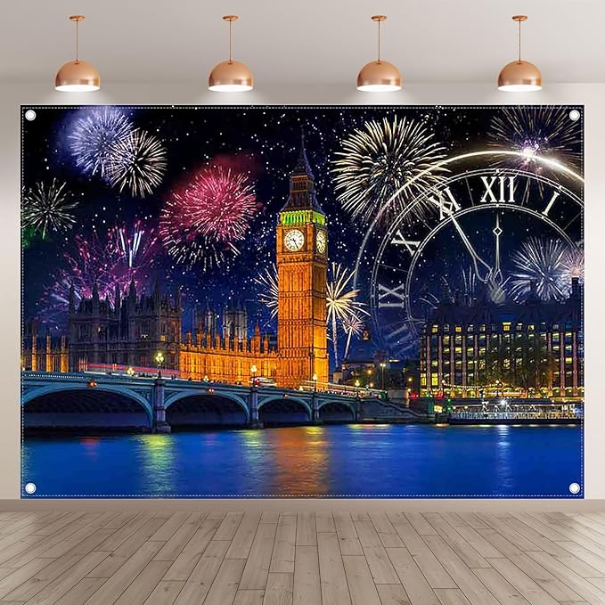 7x5ft Fabric New Year Fireworks Backdrop London City Night Scenery Countdown Clock Photography Background Family Holiday Party Decorations Photo Banner Props