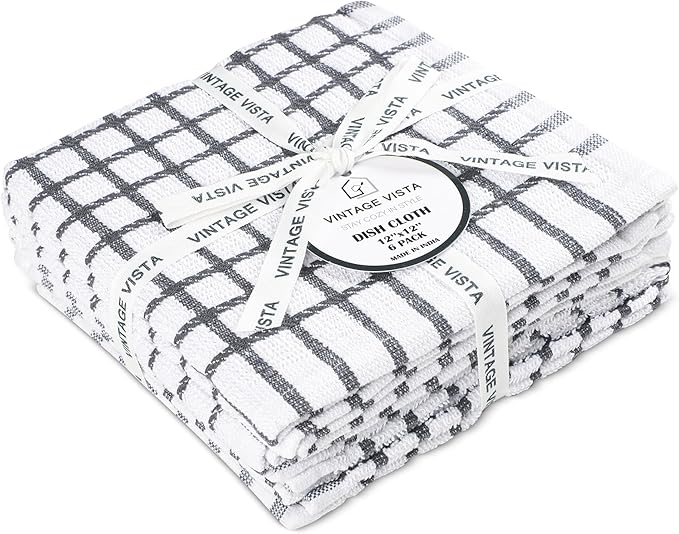 Vintage Vista 100% Cotton Dish Cloths (Pack of 6) - Dish Rags for Washing Dishes - Reusable & Highly Absorbent Kitchen Towels - Kitchen Rags for Christmas - (12" x 12" - Slate Grey Checkered)