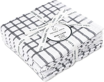 Vintage Vista 100% Cotton Dish Cloths (Pack of 6) - Dish Rags for Washing Dishes - Reusable & Highly Absorbent Kitchen Towels - Kitchen Rags for Christmas - (12" x 12" - Slate Grey Checkered)
