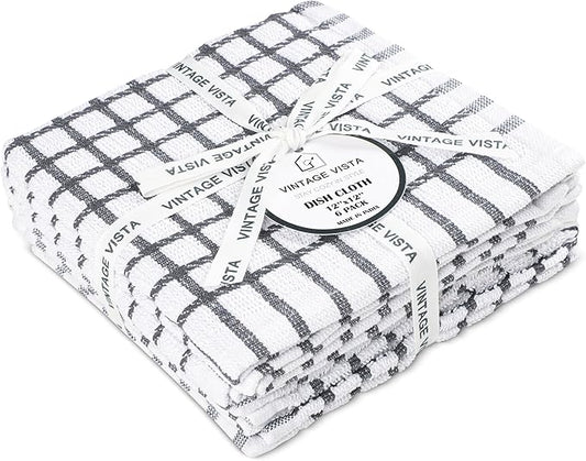 Vintage Vista 100% Cotton Dish Cloths (Pack of 6) - Dish Rags for Washing Dishes - Reusable & Highly Absorbent Kitchen Towels - Kitchen Rags for Christmas - (12" x 12" - Slate Grey Checkered)