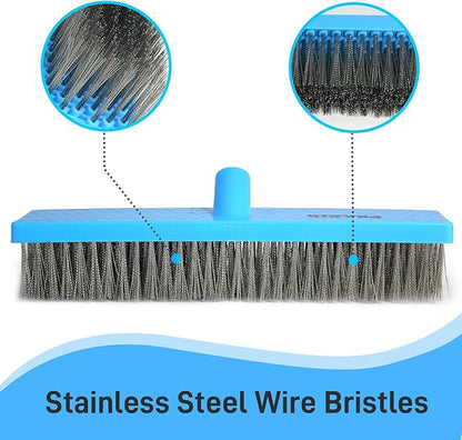 Stainless Steel Wire Broom Deck Scrubber Brush with 55” Adjustable Length Sturdy Long Handle, Stainless Steel Outdoor Broom for Cleaning Moss Concrete Floors Grout Gardens Patios
