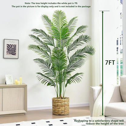 Artificial Palm Tree 7FT Faux Plants Indoor Tropical Fake Palm Tree Areca Floor Plant in White Pot with 18 Trunks & Real Bark Design, Faux Palm Plant for Outdoor Patio Home Room Office Decor