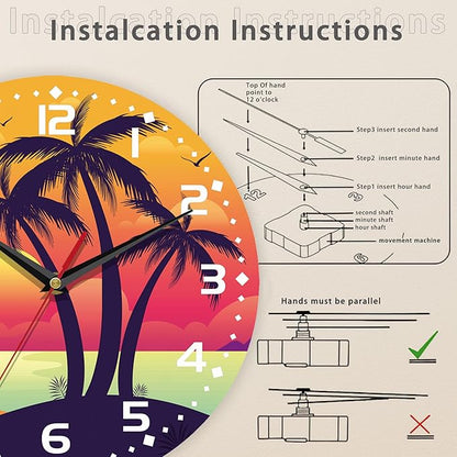 Palm Tree Sunset Art Wall Clock Vintage Wooden Wall Clock Silent Non-Ticking Battery Operated Arabic Numerals Wall Clocks Decorative for Kitchen, Office, Classroom 10 Inch