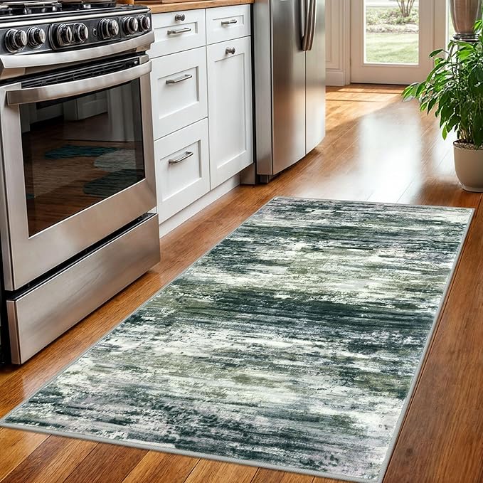 KOZYFLY Modern Abstract 3x5 Area Rug Washable Bedroom Rug Green Yellow, Throw Entry Mat Non-Slip Stain Resistant Carpet Dining Room Rug with Soft Low Pile for Living Room Kitchen Bath Office