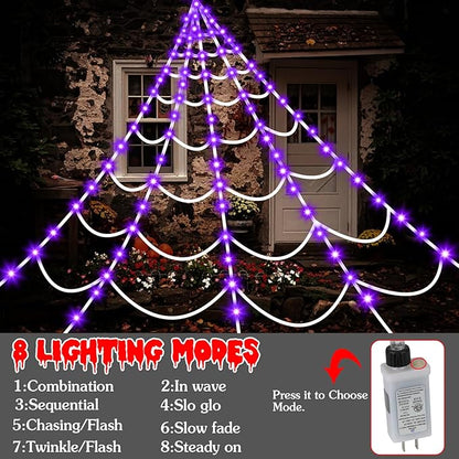 Halloween Decorations Spider Webs Lights: 150 Purple LED Halloween Lights Decor, 17.4Ft Giant Spiderweb with 8 Lighting Modes Waterproof & Timer, Yard Spider Web Decoration